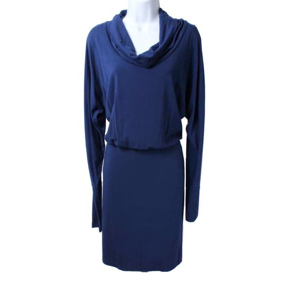 ECOSKIN Blue Cowl Neck Cold Shoulder Keyhole Back Blouson Dress Size Small - Picture 1 of 4